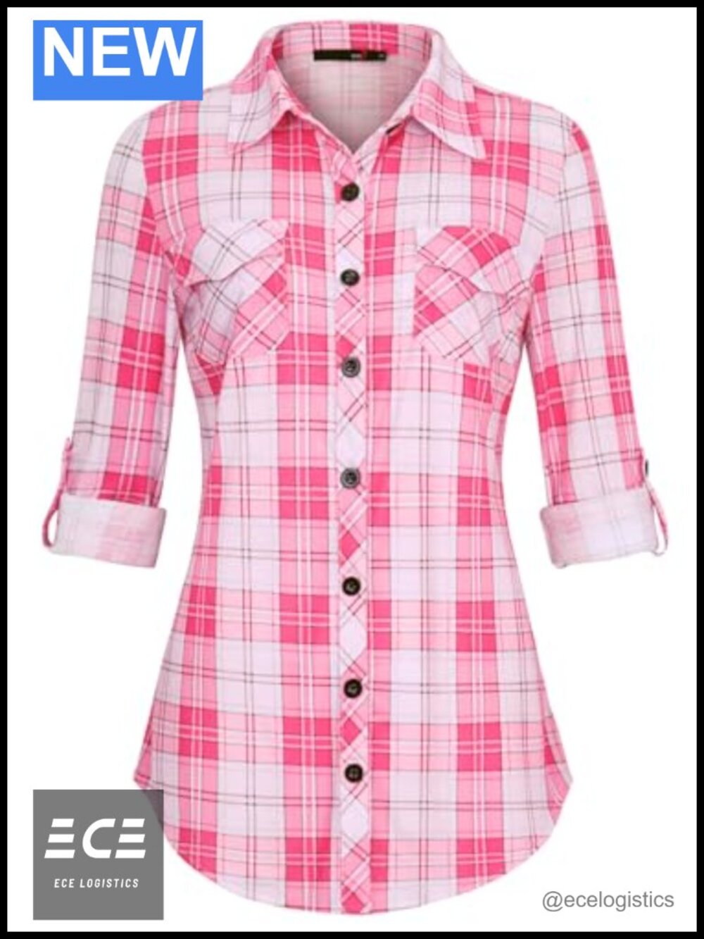 Soft Stretchy Knit Plaid Button Down Shirt Roll Up Long Sleeve Collared Blouse
